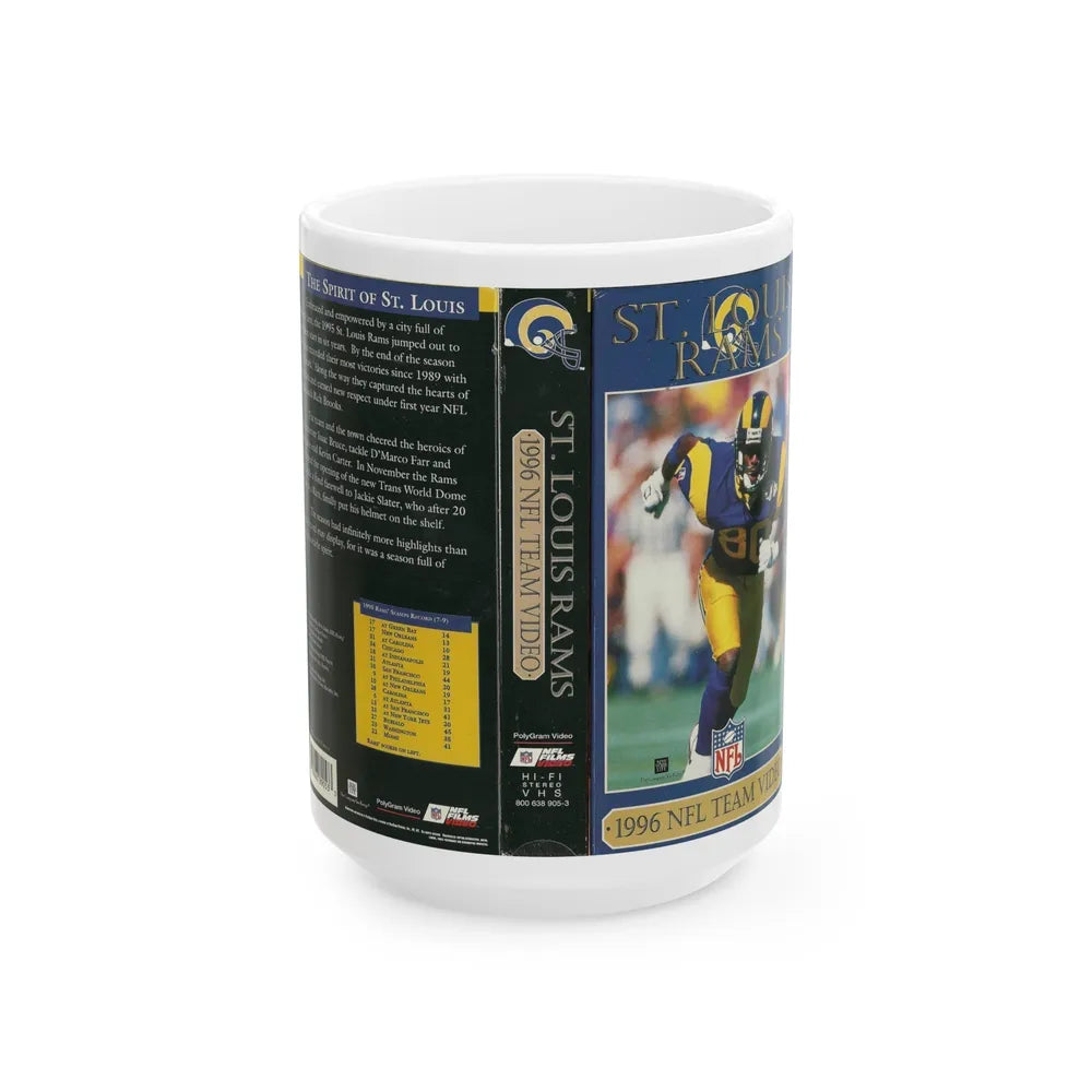 ST LOUIS RAMS 1996 NFL TEAM VIDEO (VHS COVER) - White Coffee Mug-15oz-Go Mug Yourself