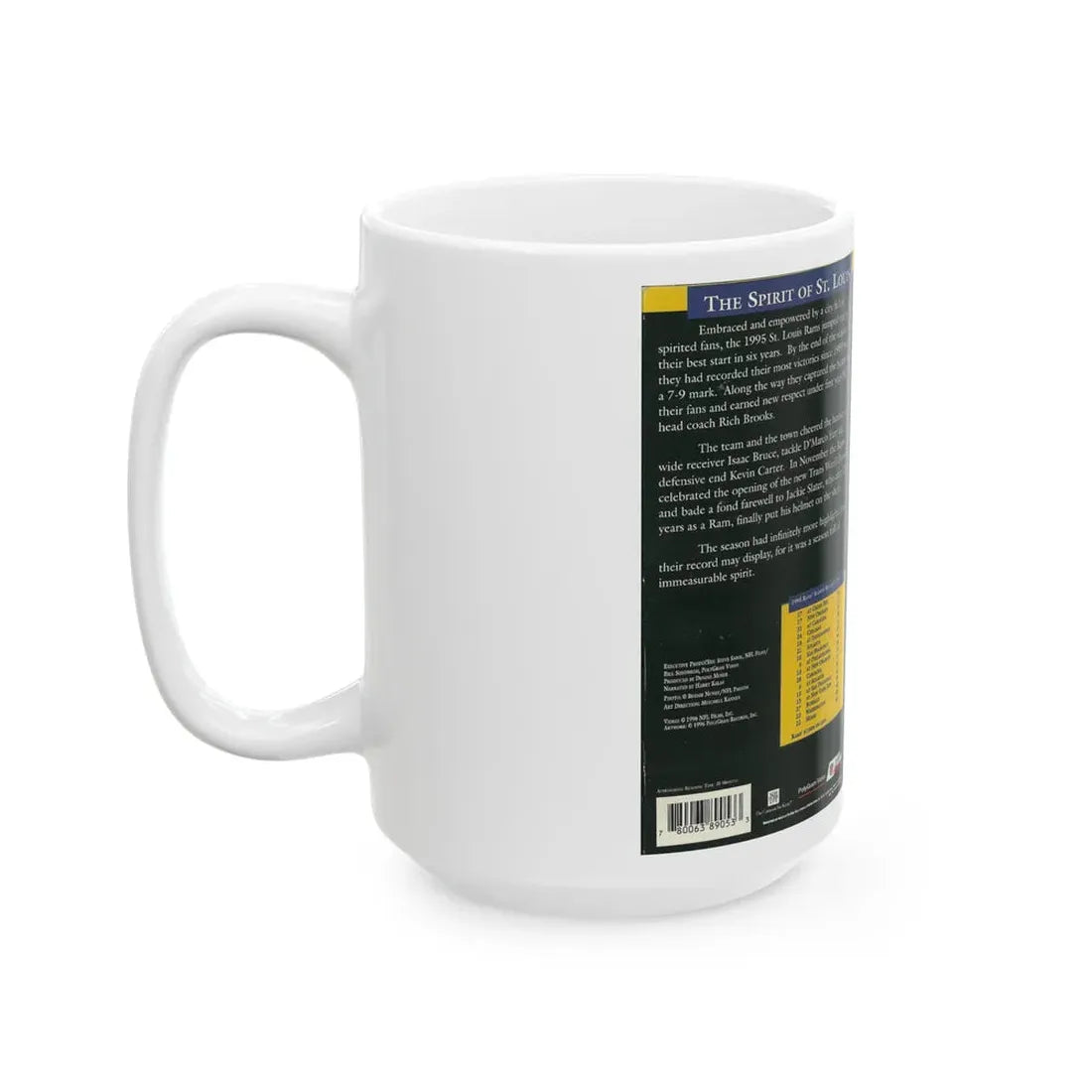 ST LOUIS RAMS 1996 NFL TEAM VIDEO (VHS COVER) - White Coffee Mug - Go Mug Yourself