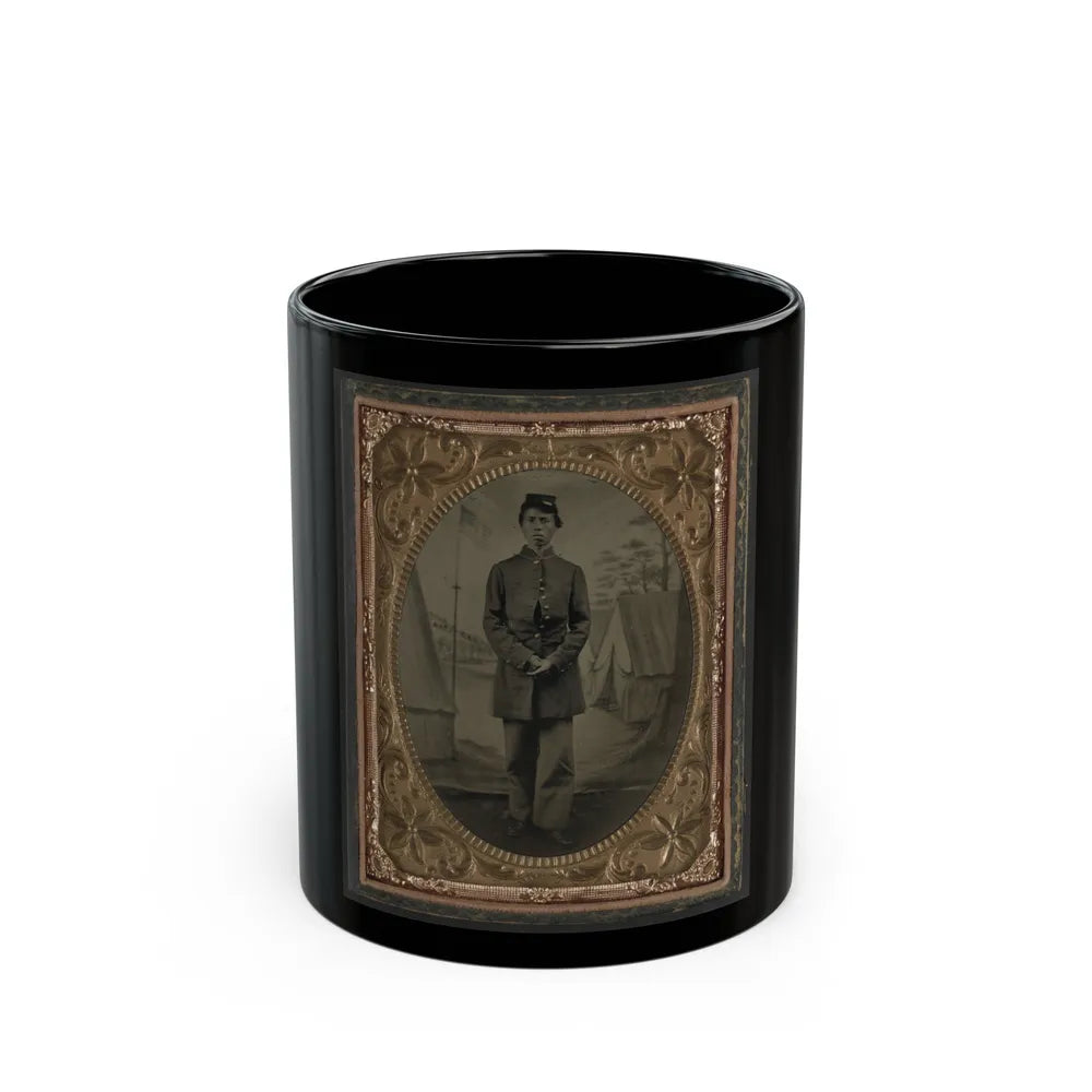 Standing Soldier, Frock Coat, Kepi, Painted Background, Dirt Floor, Done By Traveling Camp Photographer (U.S. Civil War) Black Coffee Mug-11oz-Go Mug Yourself