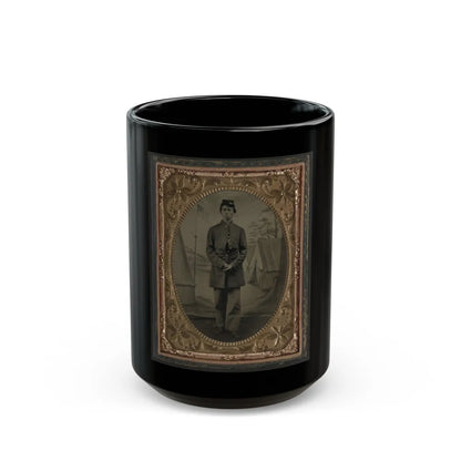 Standing Soldier, Frock Coat, Kepi, Painted Background, Dirt Floor, Done By Traveling Camp Photographer (U.S. Civil War) Black Coffee Mug-15oz-Go Mug Yourself