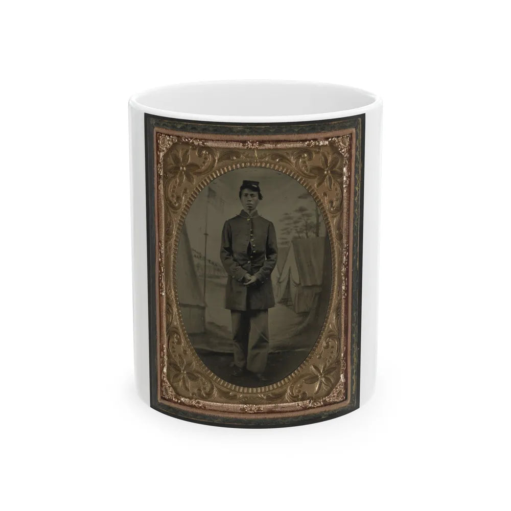 Standing Soldier, Frock Coat, Kepi, Painted Background, Dirt Floor, Done By Traveling Camp Photographer (U.S. Civil War) White Coffee Mug-11oz-Go Mug Yourself