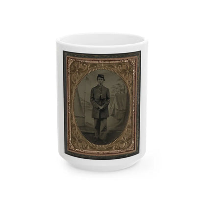 Standing Soldier, Frock Coat, Kepi, Painted Background, Dirt Floor, Done By Traveling Camp Photographer (U.S. Civil War) White Coffee Mug-15oz-Go Mug Yourself