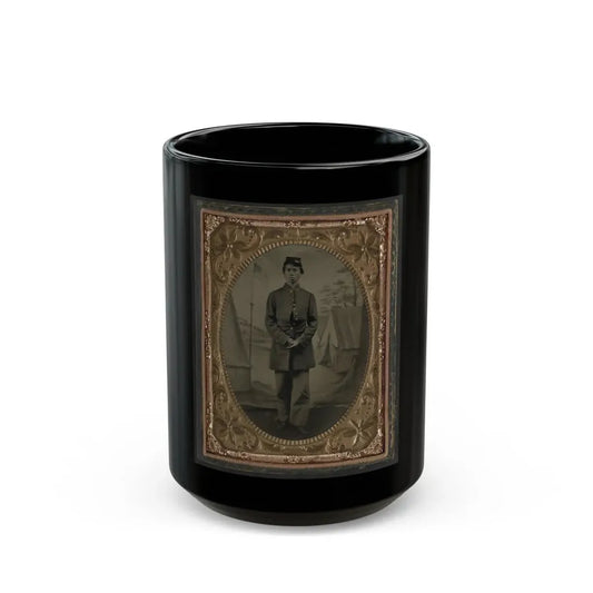 Standing Soldier, Frock Coat, Kepi, Painted Background, Dirt Floor, Done By Traveling Camp Photographer (U.S. Civil War) Black Coffee Mug 15oz - Go Mug Yourself