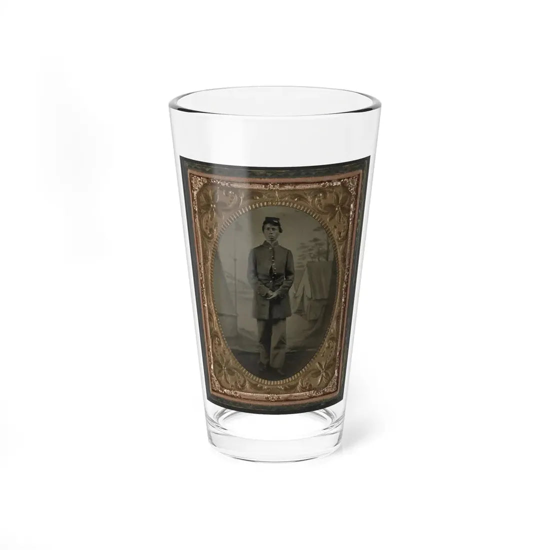 Standing Soldier, Frock Coat, Kepi, Painted Background, Dirt Floor, Done By Traveling Camp Photographer (U.S. Civil War) Pint Glass 16oz 16oz - Go Mug Yourself