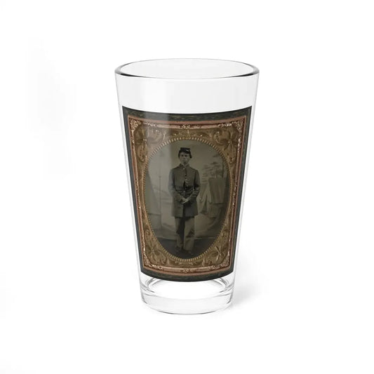 Standing Soldier, Frock Coat, Kepi, Painted Background, Dirt Floor, Done By Traveling Camp Photographer (U.S. Civil War) Pint Glass 16oz 16oz - Go Mug Yourself