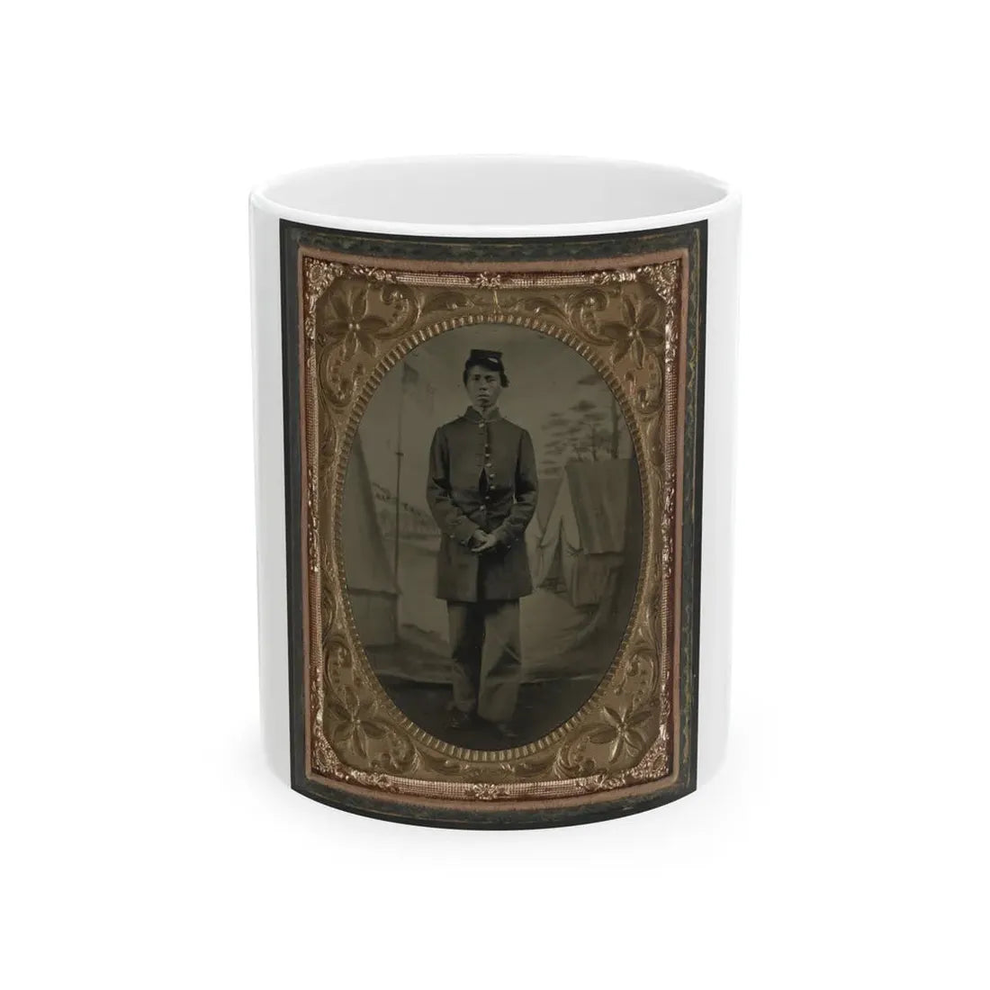 Standing Soldier, Frock Coat, Kepi, Painted Background, Dirt Floor, Done By Traveling Camp Photographer (U.S. Civil War) White Coffee Mug 11oz - Go Mug Yourself