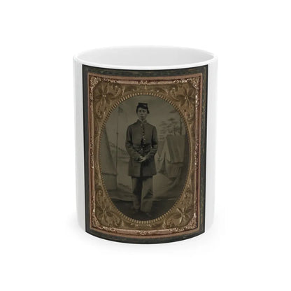 Standing Soldier, Frock Coat, Kepi, Painted Background, Dirt Floor, Done By Traveling Camp Photographer (U.S. Civil War) White Coffee Mug 11oz - Go Mug Yourself