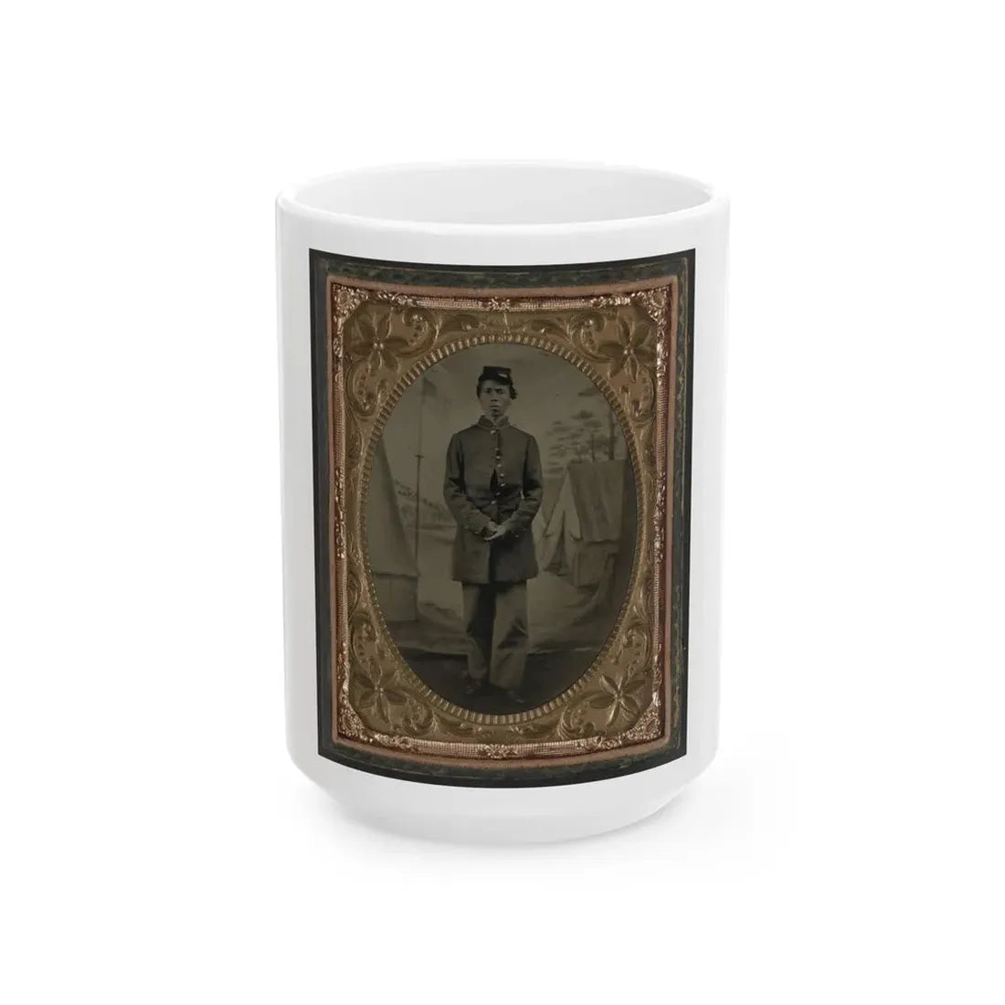 Standing Soldier, Frock Coat, Kepi, Painted Background, Dirt Floor, Done By Traveling Camp Photographer (U.S. Civil War) White Coffee Mug 15oz - Go Mug Yourself