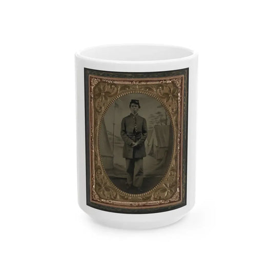 Standing Soldier, Frock Coat, Kepi, Painted Background, Dirt Floor, Done By Traveling Camp Photographer (U.S. Civil War) White Coffee Mug 15oz - Go Mug Yourself
