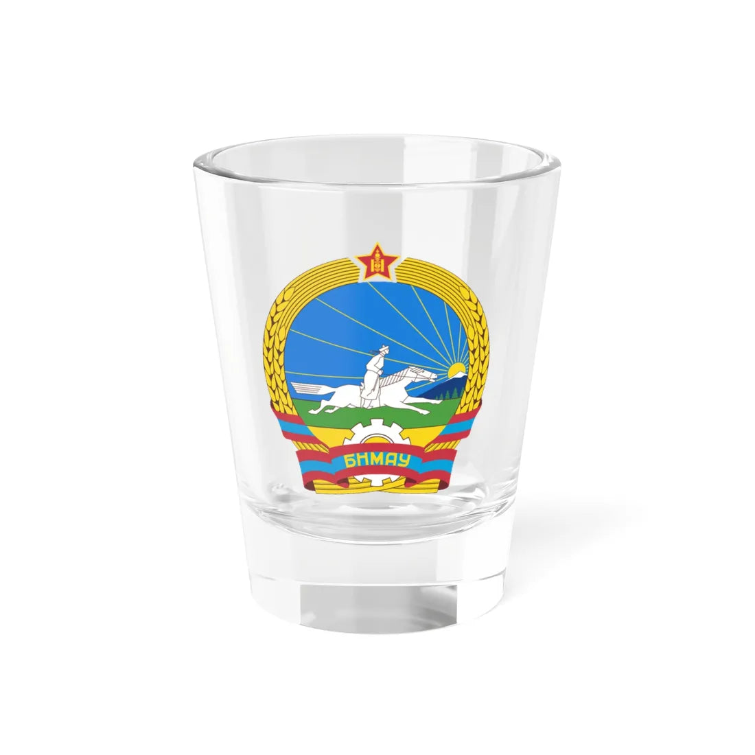 State emblem of the Peoples republic of Mongolia 1960-1992 (Mongolia) (Coat of Arms) Shot Glass 1.5oz 1.5oz - Go Mug Yourself