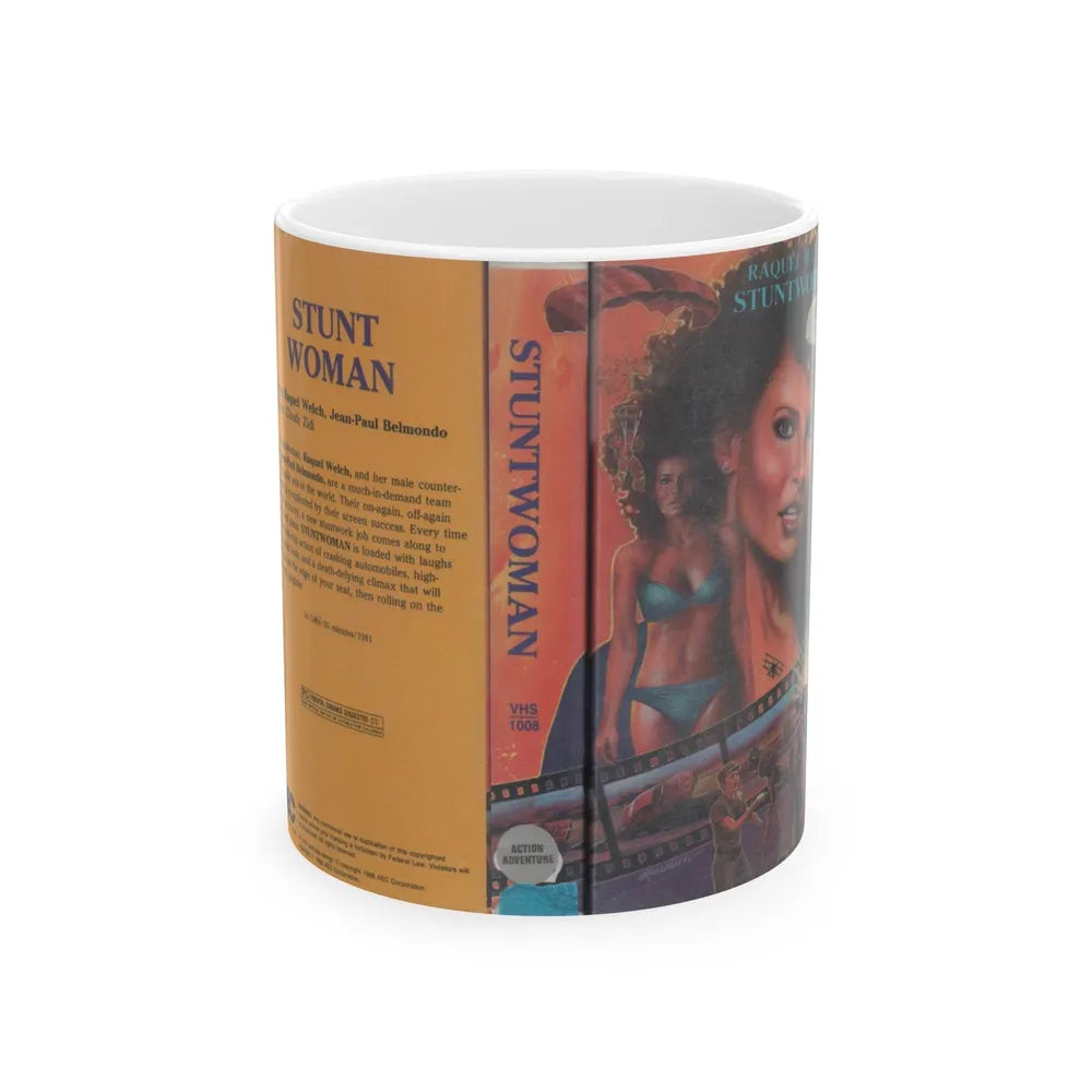 STUNT WOMAN RAQUEL WELCH (VHS COVER) - White Coffee Mug-11oz-Go Mug Yourself