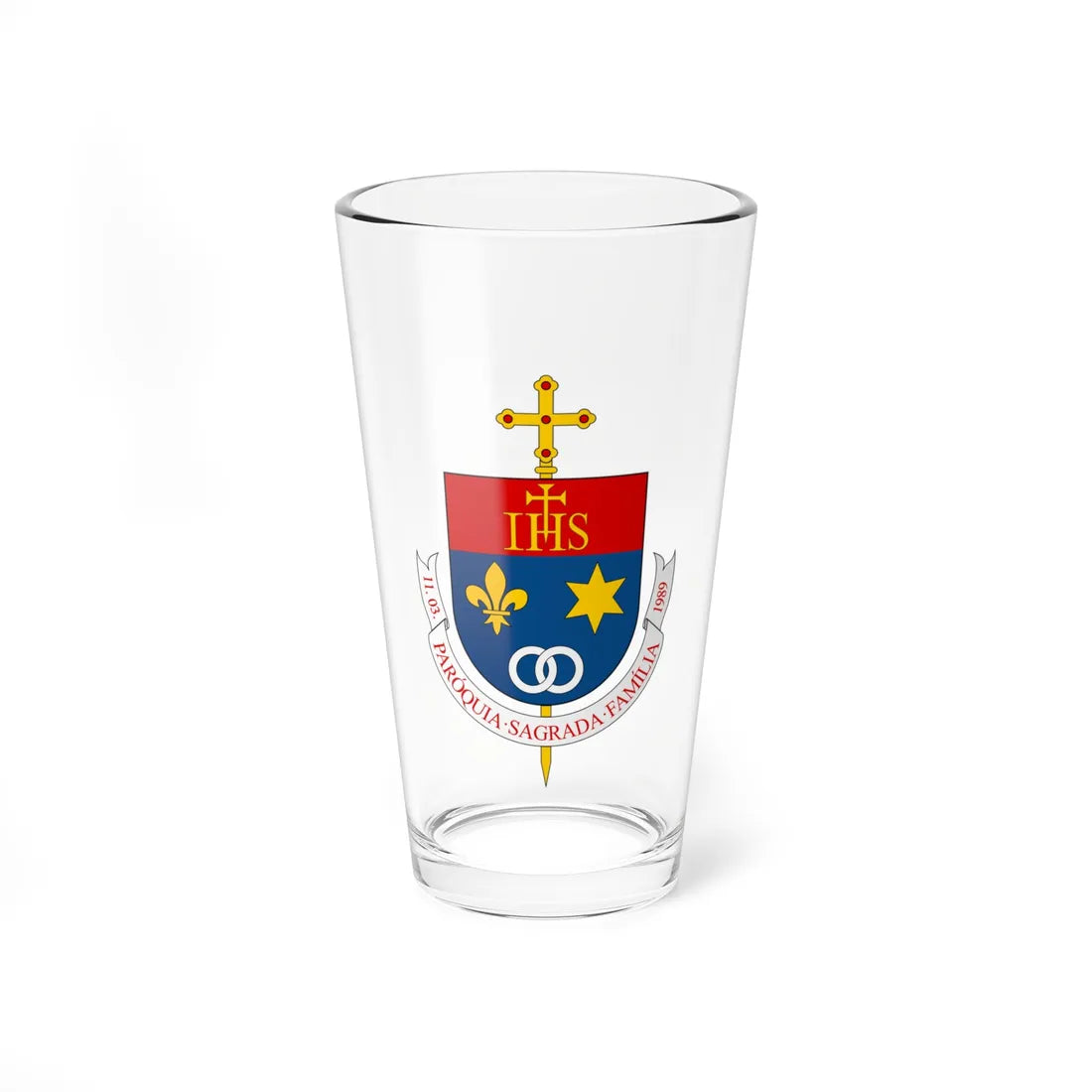 Sugestão de Brasão para a Paróquia Sagrada Família com Escudo Português (Brazil) (Coat of Arms) Pint Glass 16oz 16oz - Go Mug Yourself