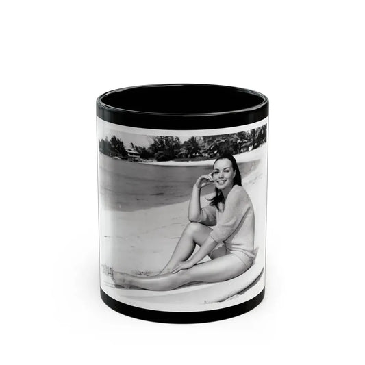 Susan Hart #17 - 8x10 B&W Cheesecake 2-Piece Swimsuit with Overshirt ''Ride The Wild Surf'' '64 Movie Promo Photo (Vintage Female Icon) Black Coffee Mug 11oz - Go Mug Yourself