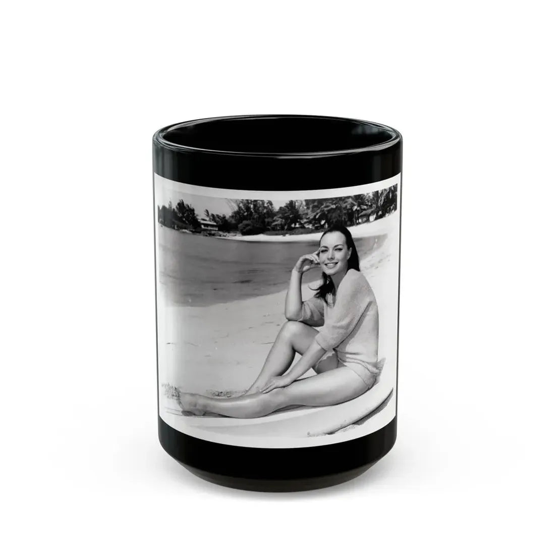 Susan Hart #17 - 8x10 B&W Cheesecake 2-Piece Swimsuit with Overshirt ''Ride The Wild Surf'' '64 Movie Promo Photo (Vintage Female Icon) Black Coffee Mug - Go Mug Yourself