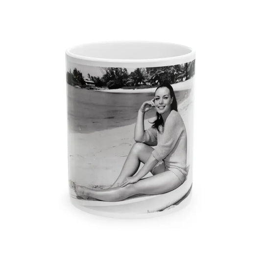 Susan Hart #17 - 8x10 B&W Cheesecake 2-Piece Swimsuit with Overshirt ''Ride The Wild Surf'' '64 Movie Promo Photo (Vintage Female Icon) White Coffee Mug 11oz - Go Mug Yourself