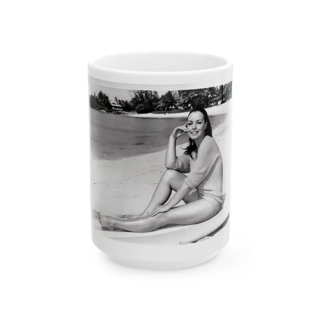 Susan Hart #17 - 8x10 B&W Cheesecake 2-Piece Swimsuit with Overshirt ''Ride The Wild Surf'' '64 Movie Promo Photo (Vintage Female Icon) White Coffee Mug 15oz - Go Mug Yourself