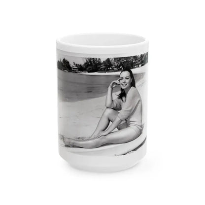 Susan Hart #17 - 8x10 B&W Cheesecake 2-Piece Swimsuit with Overshirt ''Ride The Wild Surf'' '64 Movie Promo Photo (Vintage Female Icon) White Coffee Mug 15oz - Go Mug Yourself