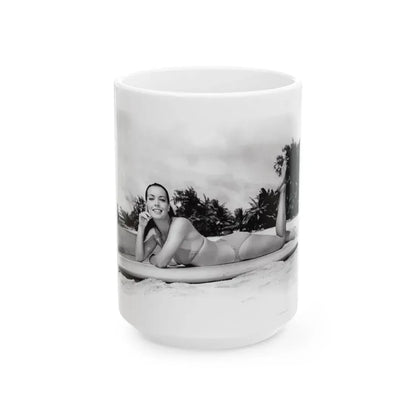 Susan Hart #18 - 8x10 B&W Cheesecake 2-Piece Swimsuit ''Ride The Wild Surf'' '64 Movie Promo Photo (Vintage Female Icon) White Coffee Mug 15oz - Go Mug Yourself