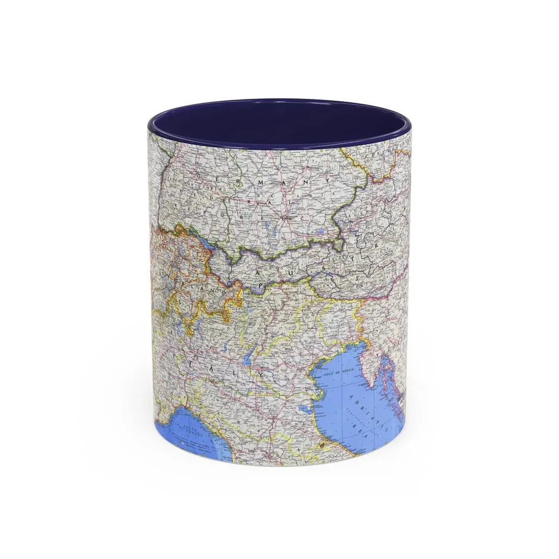 Switzerland, Austria, and Northern Italy (1965) (Map) Accent Coffee Mug 11oz Navy - Go Mug Yourself