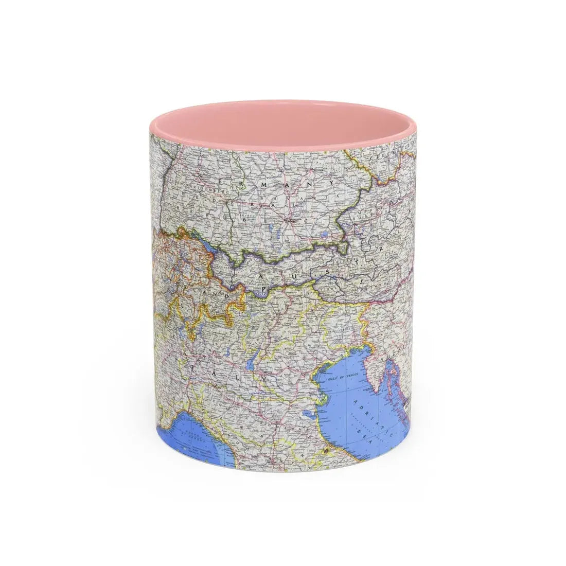Switzerland, Austria, and Northern Italy (1965) (Map) Accent Coffee Mug 11oz Pink - Go Mug Yourself