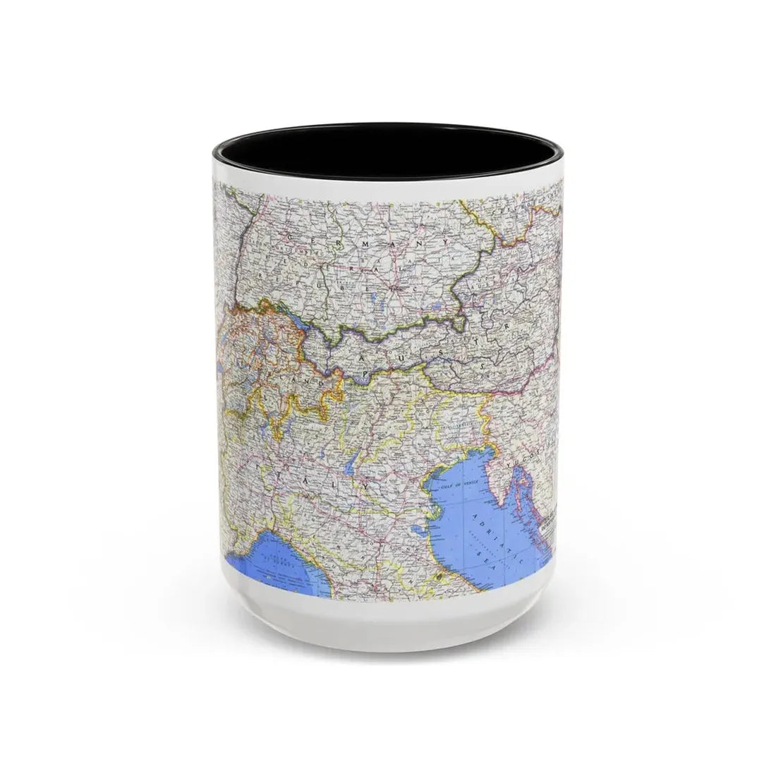 Switzerland, Austria, and Northern Italy (1965) (Map) Accent Coffee Mug 15oz Black - Go Mug Yourself