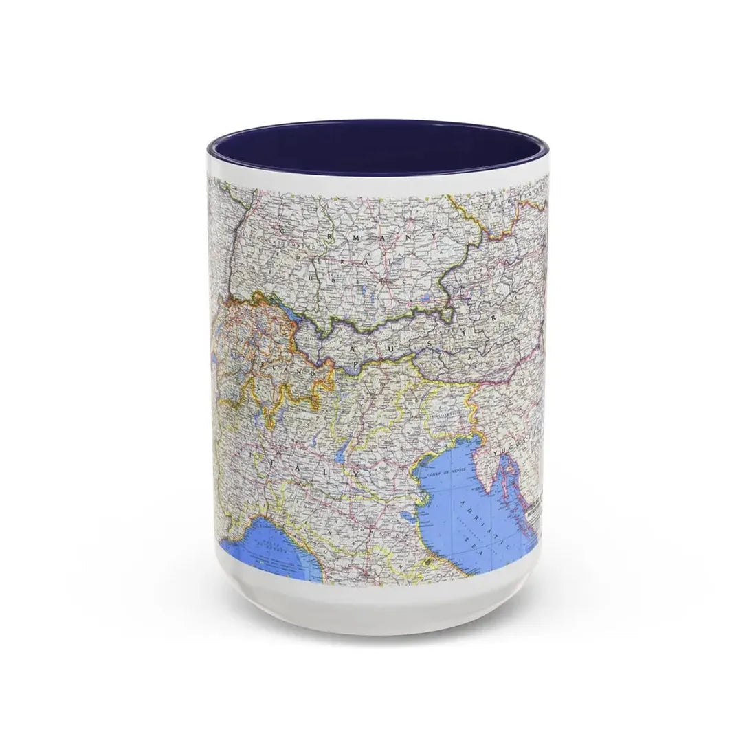 Switzerland, Austria, and Northern Italy (1965) (Map) Accent Coffee Mug 15oz Navy - Go Mug Yourself