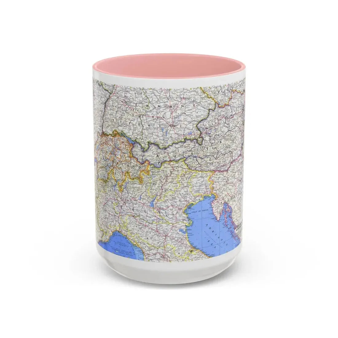 Switzerland, Austria, and Northern Italy (1965) (Map) Accent Coffee Mug 15oz Pink - Go Mug Yourself