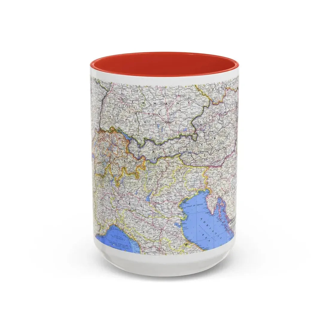 Switzerland, Austria, and Northern Italy (1965) (Map) Accent Coffee Mug 15oz Red - Go Mug Yourself