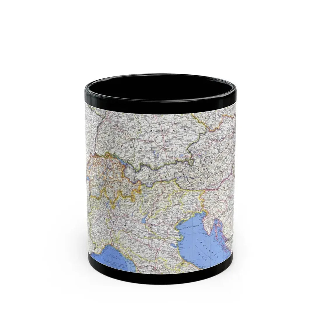 Switzerland, Austria, and Northern Italy (1965) (Map) Black Coffee Mug 11oz - Go Mug Yourself