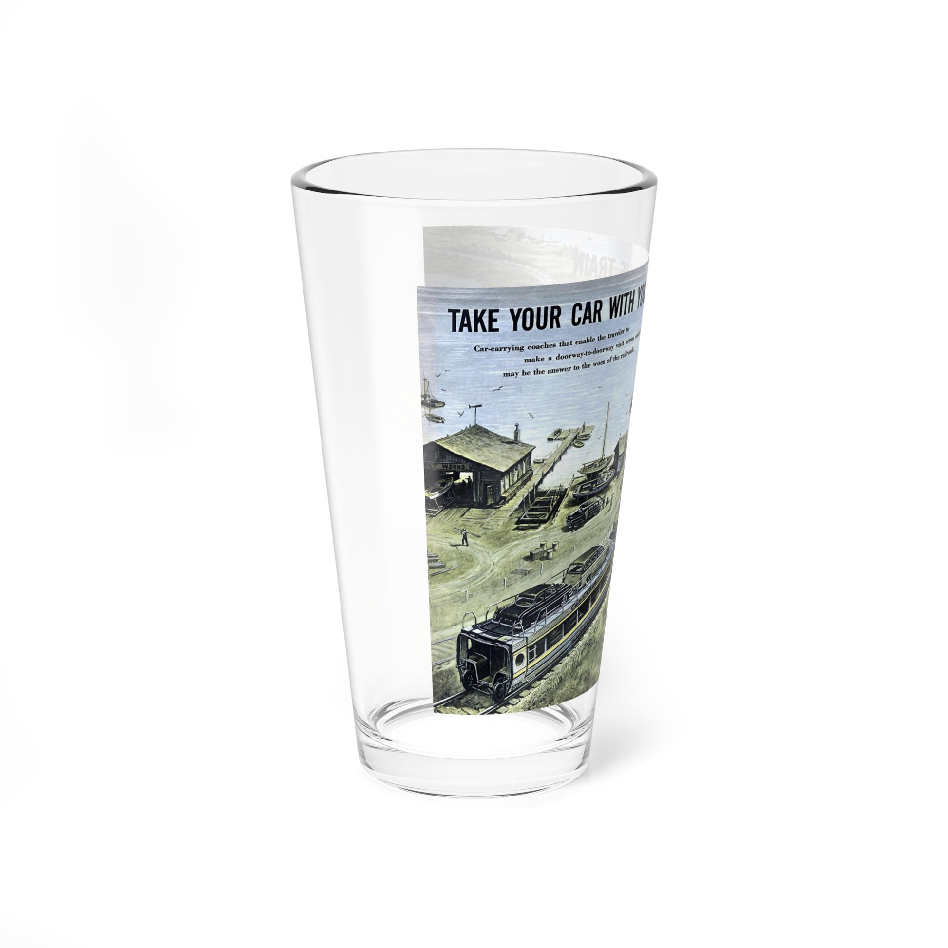 Take Your Car With You On The Train, 1955 (Magazine Illustration) Pint Glass 16oz-Go Mug Yourself