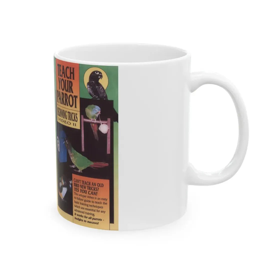 TEACH YOUR PARROT BEGINNING TRICKS (VHS COVER) - White Coffee Mug - Go Mug Yourself