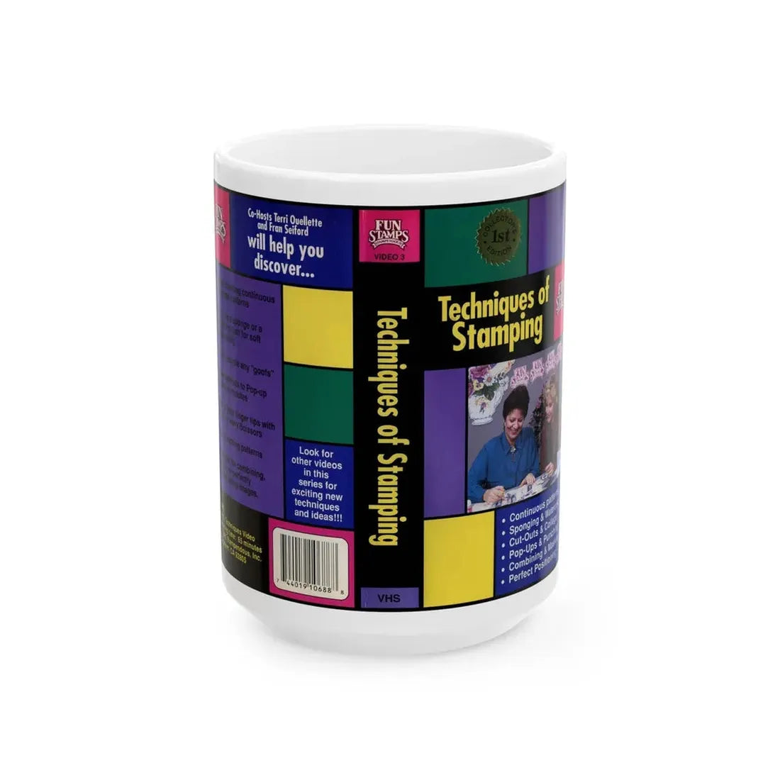 TECHNIQUES OF STAMPING FUN STAMPS (VHS COVER) - White Coffee Mug 15oz - Go Mug Yourself