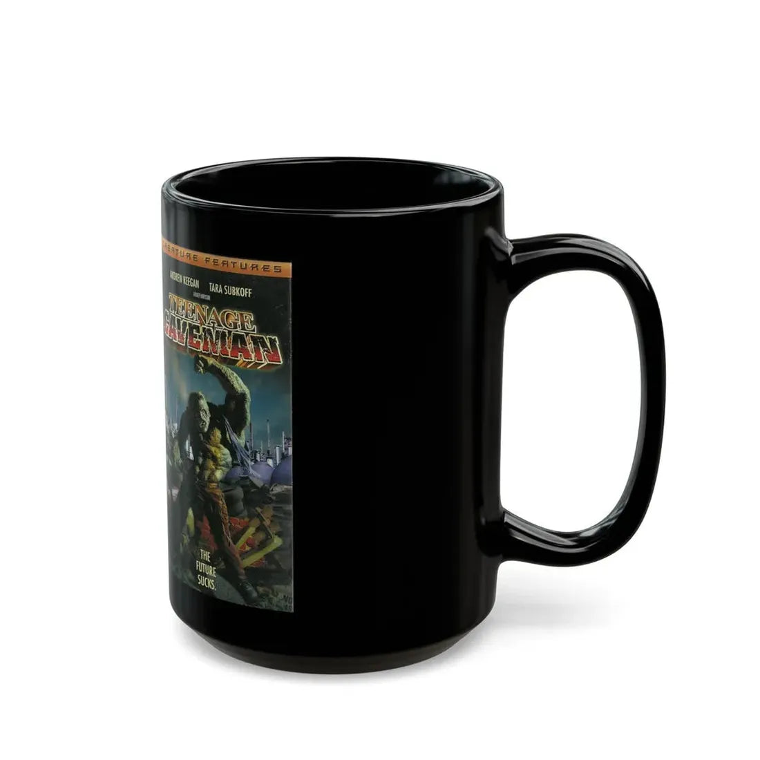 TEENAGE CAVEMAN CREATURE FEATURES (VHS COVER) - Black Coffee Mug - Go Mug Yourself