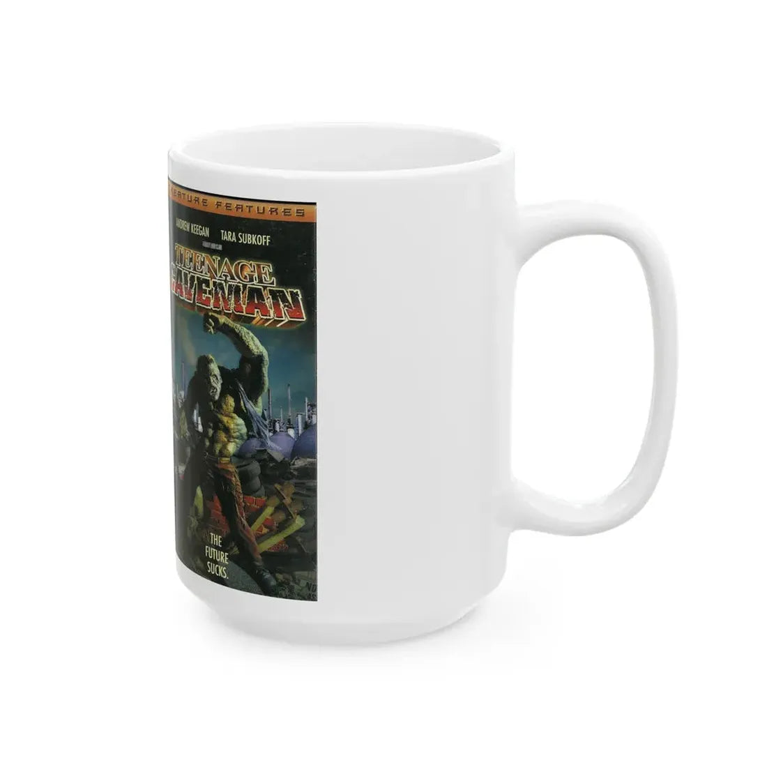 TEENAGE CAVEMAN CREATURE FEATURES (VHS COVER) - White Coffee Mug - Go Mug Yourself