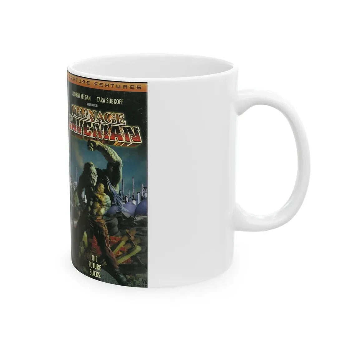 TEENAGE CAVEMAN CREATURE FEATURES (VHS COVER) - White Coffee Mug - Go Mug Yourself