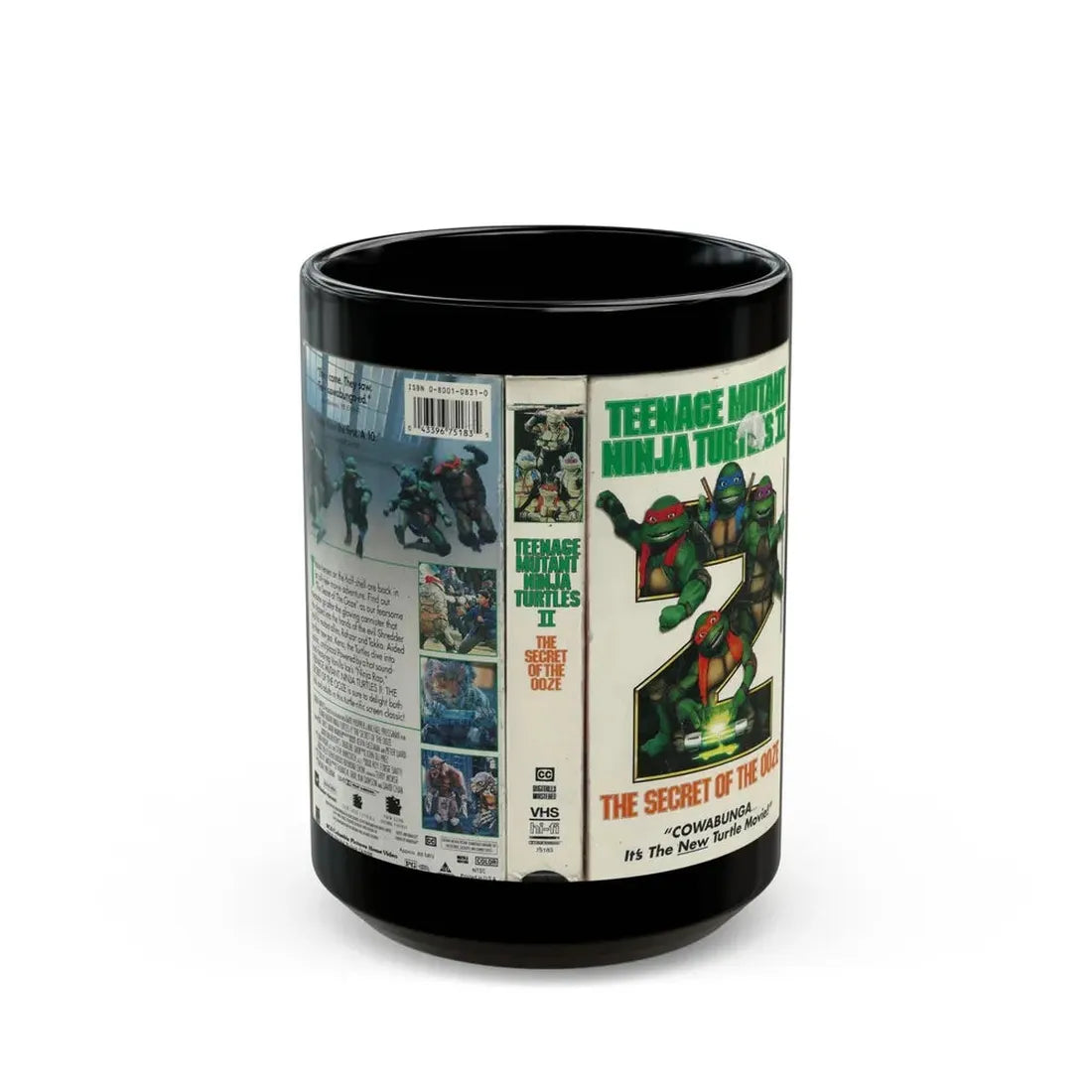 TEENAGE MUTANT NINJA TURTLES 2 THE SECRET OF THE OOZE (VHS COVER) - Black Coffee Mug 15oz - Go Mug Yourself