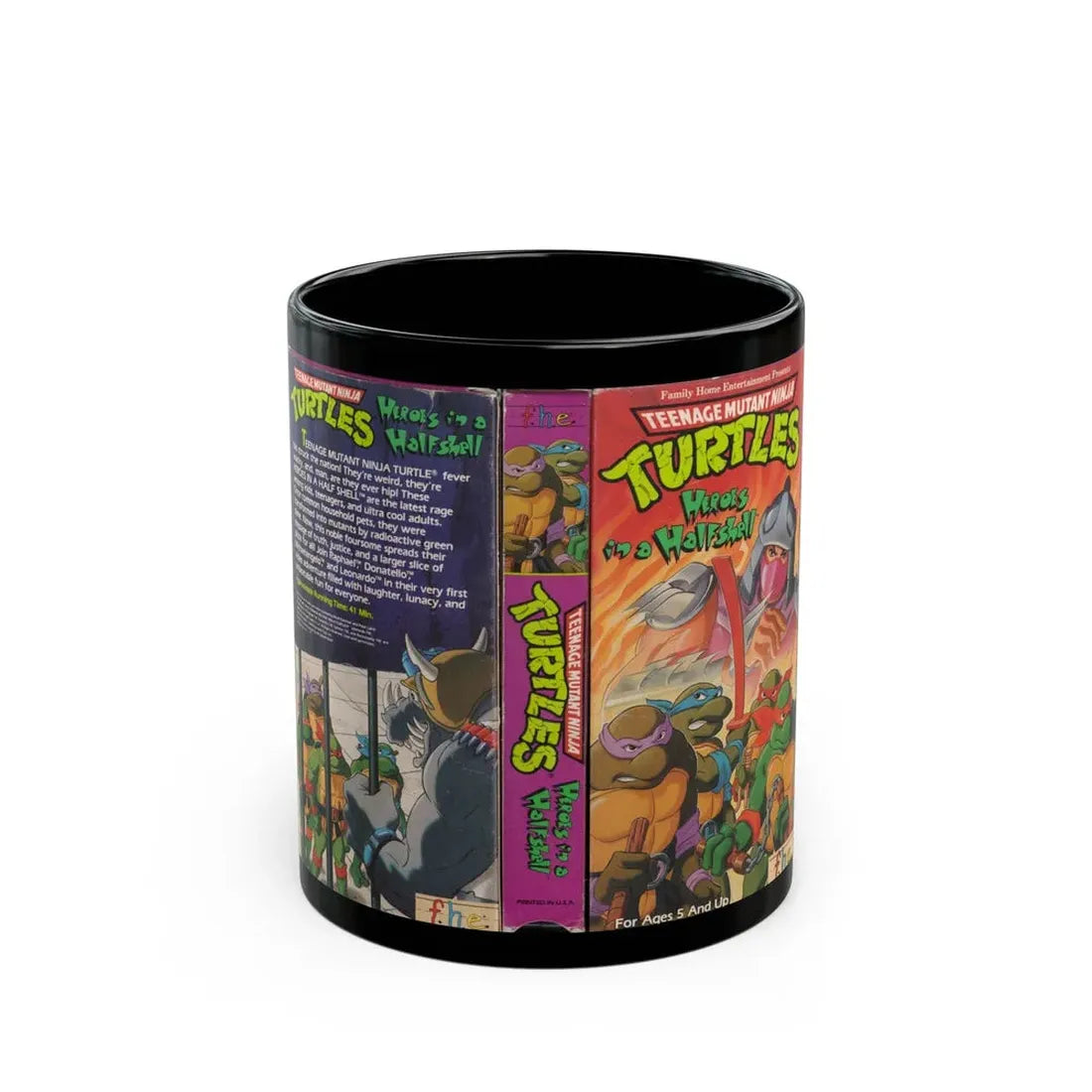 TEENAGE MUTANT NINJA TURTLES HEROES IN A HALFSHELL (VHS COVER) - Black Coffee Mug 11oz - Go Mug Yourself