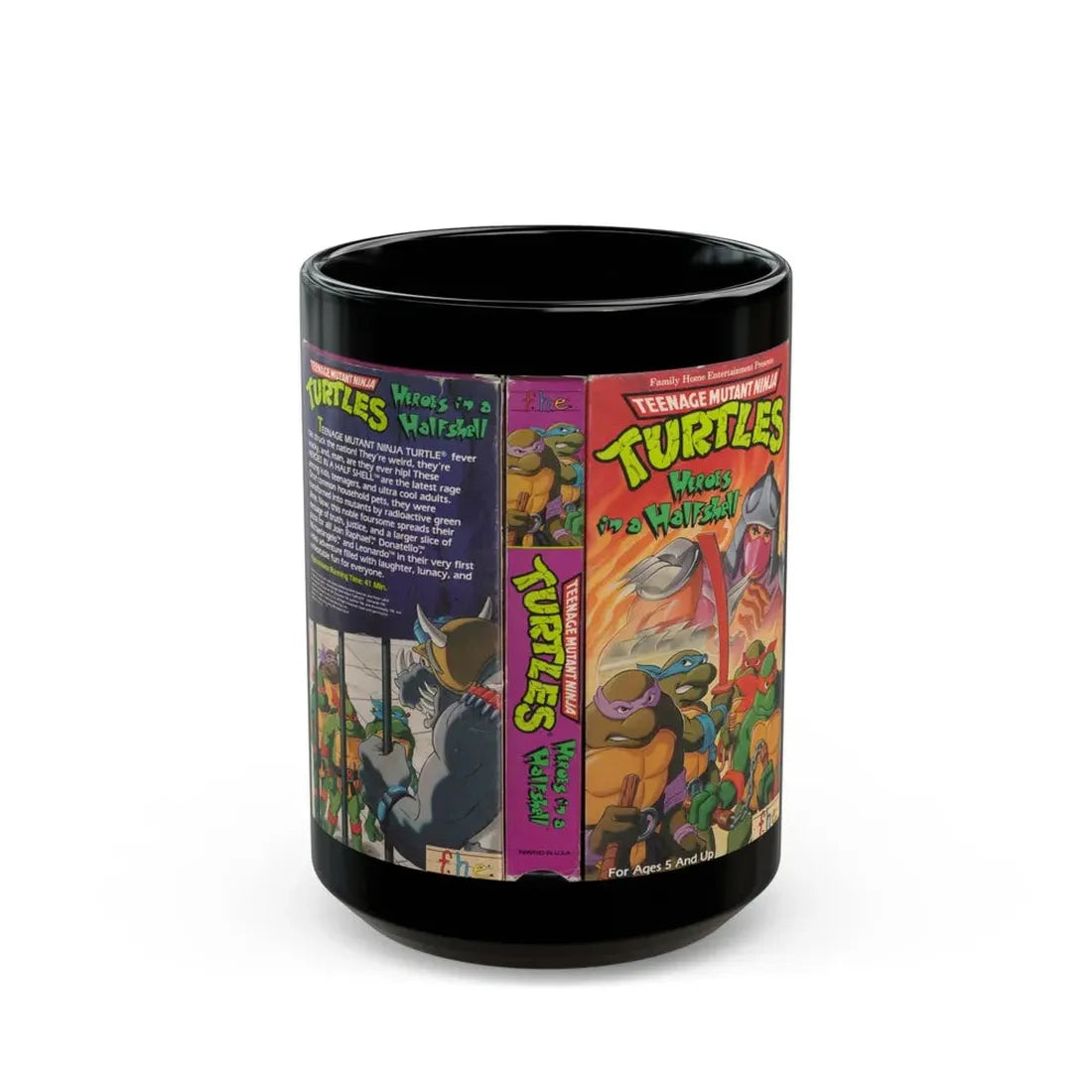 TEENAGE MUTANT NINJA TURTLES HEROES IN A HALFSHELL (VHS COVER) - Black Coffee Mug 15oz - Go Mug Yourself