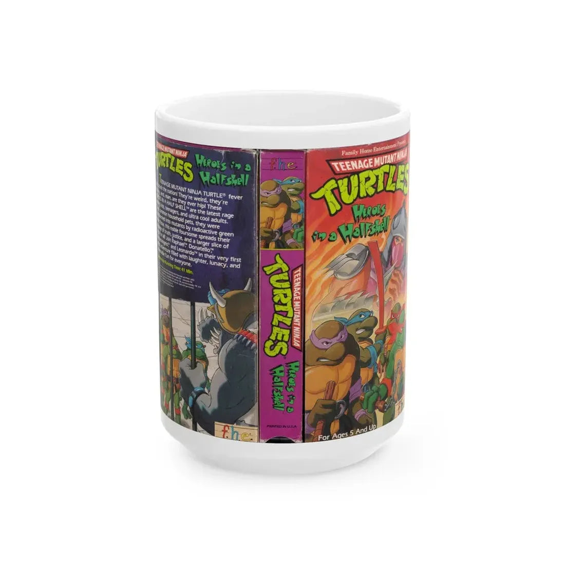 TEENAGE MUTANT NINJA TURTLES HEROES IN A HALFSHELL (VHS COVER) - White Coffee Mug 15oz - Go Mug Yourself