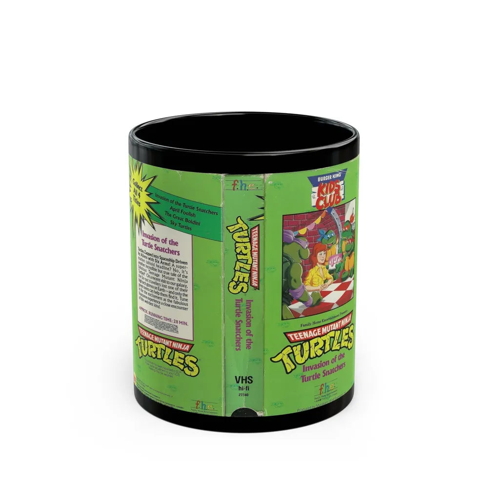 TEENAGE MUTANT NINJA TURTLES INVASION OF THE TURTLE SNATCHERS BURGER KING KIDS CLUB (VHS COVER) - Black Coffee Mug-11oz-Go Mug Yourself