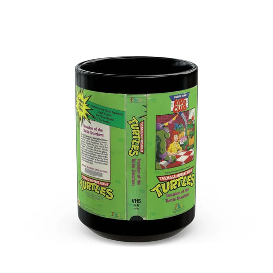 TEENAGE MUTANT NINJA TURTLES INVASION OF THE TURTLE SNATCHERS BURGER KING KIDS CLUB (VHS COVER) - Black Coffee Mug 15oz - Go Mug Yourself