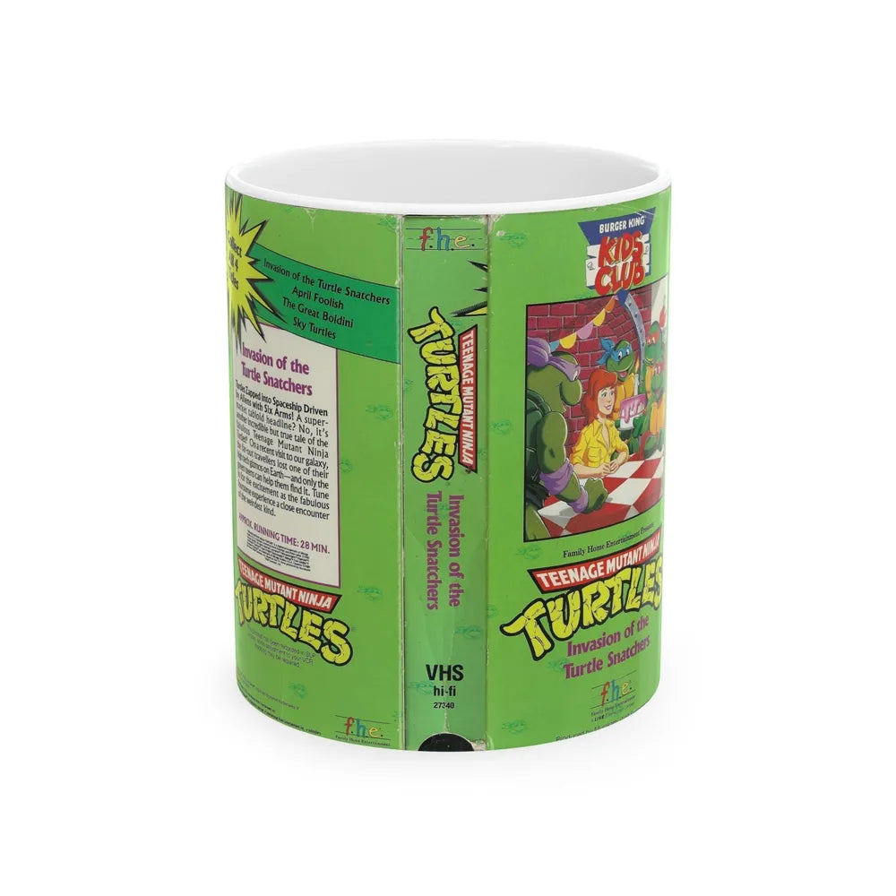 TEENAGE MUTANT NINJA TURTLES INVASION OF THE TURTLE SNATCHERS BURGER KING KIDS CLUB (VHS COVER) - White Coffee Mug-11oz-Go Mug Yourself