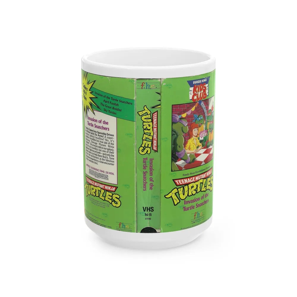 TEENAGE MUTANT NINJA TURTLES INVASION OF THE TURTLE SNATCHERS BURGER KING KIDS CLUB (VHS COVER) - White Coffee Mug-15oz-Go Mug Yourself