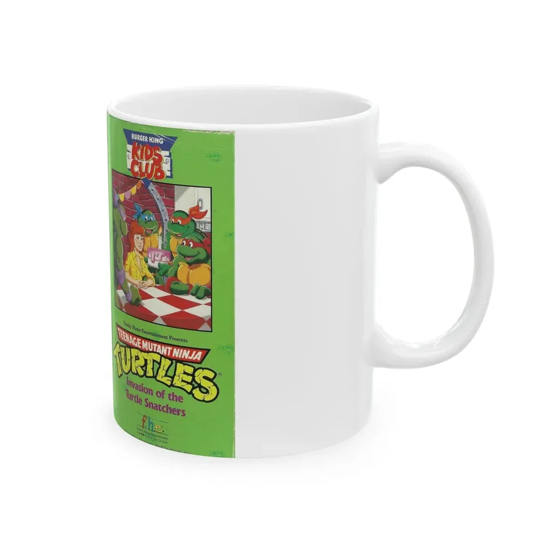 TEENAGE MUTANT NINJA TURTLES INVASION OF THE TURTLE SNATCHERS BURGER KING KIDS CLUB (VHS COVER) - White Coffee Mug - Go Mug Yourself