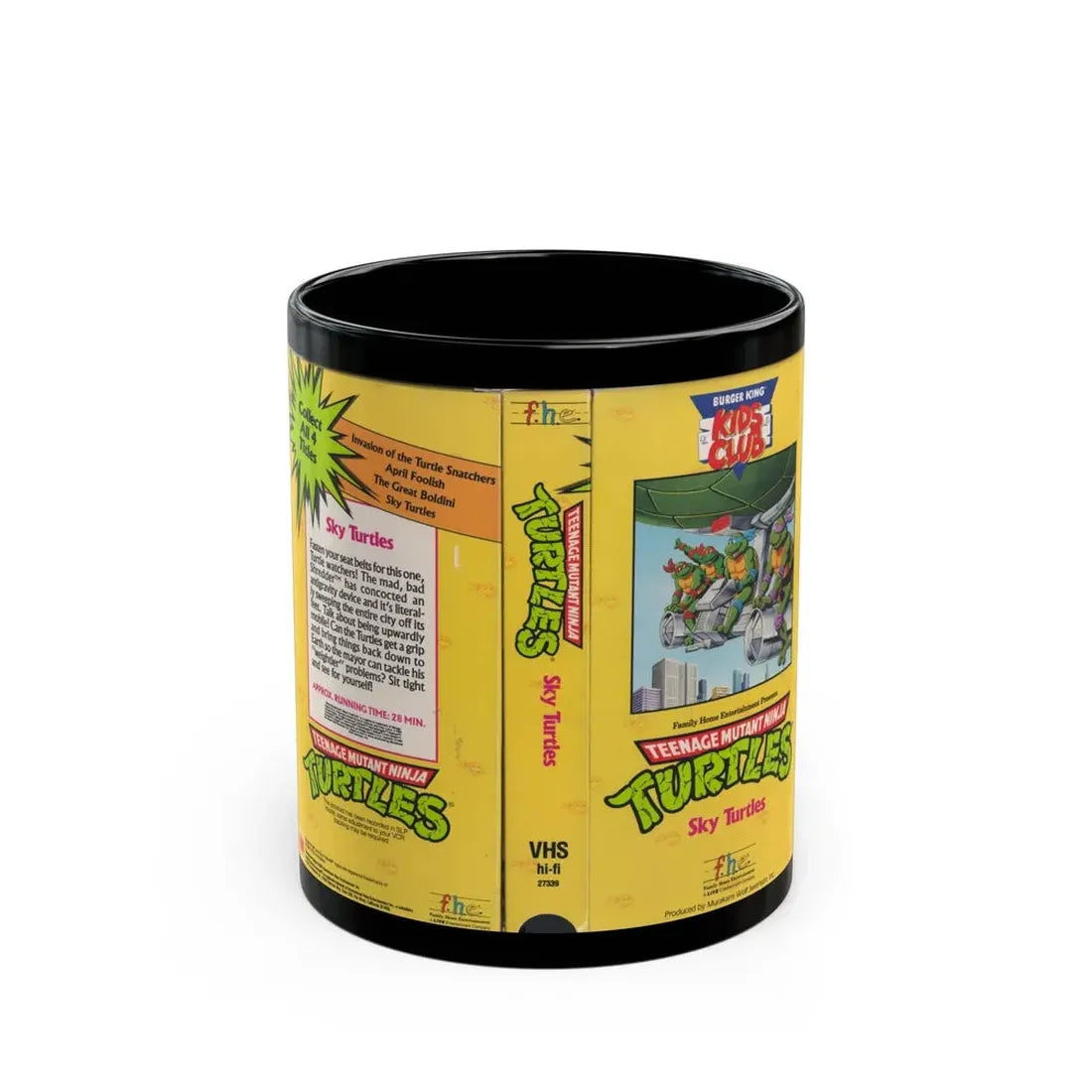 TEENAGE MUTANT NINJA TURTLES SKY TURTLES BURKING KING KIDS CLUB (VHS COVER) - Black Coffee Mug 11oz - Go Mug Yourself