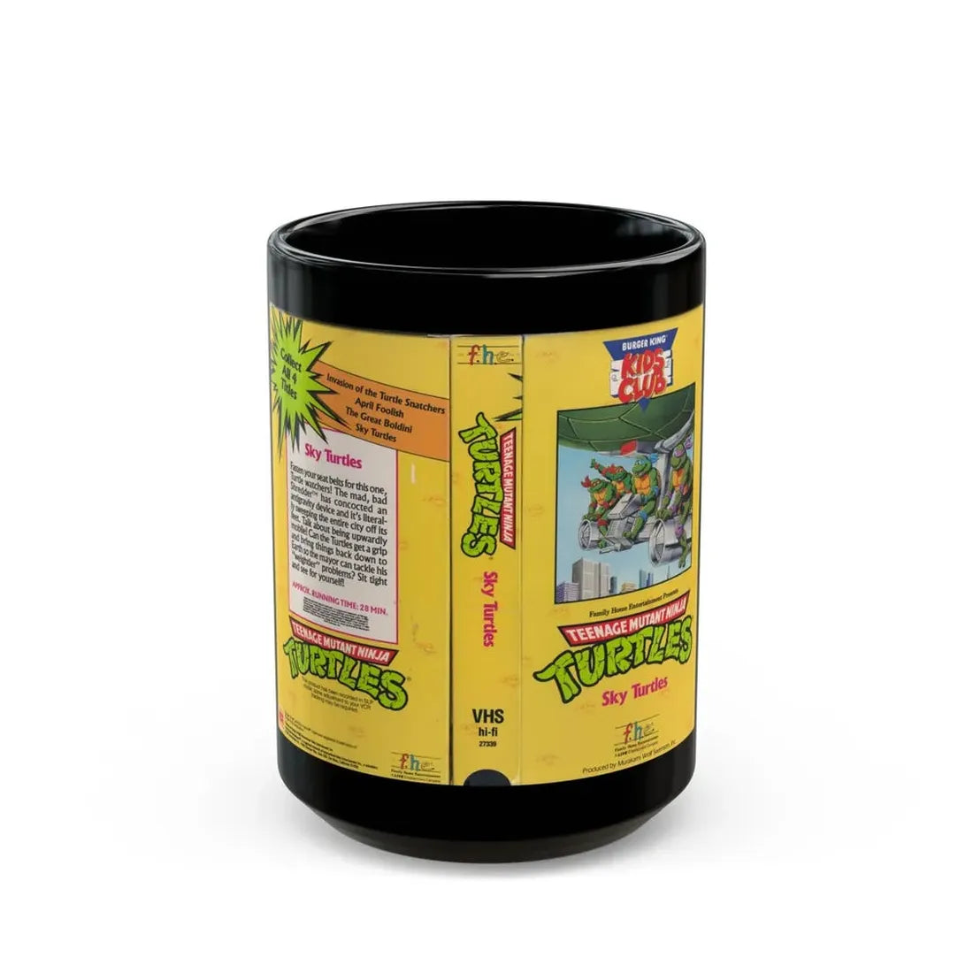 TEENAGE MUTANT NINJA TURTLES SKY TURTLES BURKING KING KIDS CLUB (VHS COVER) - Black Coffee Mug 15oz - Go Mug Yourself