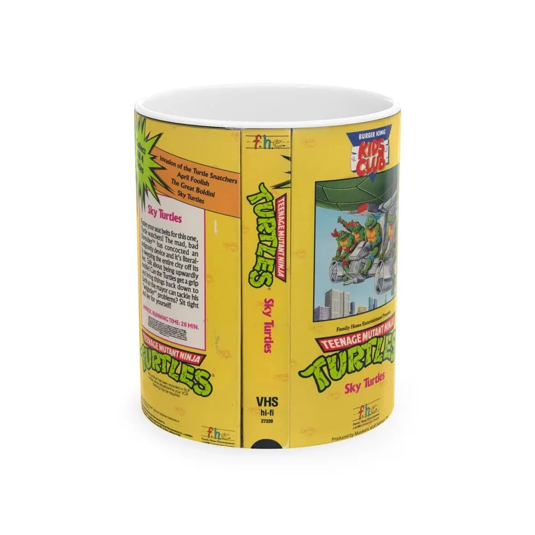 TEENAGE MUTANT NINJA TURTLES SKY TURTLES BURKING KING KIDS CLUB (VHS COVER) - White Coffee Mug 11oz - Go Mug Yourself