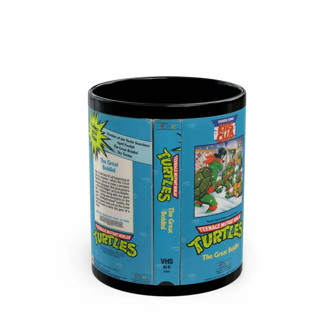 TEENAGE MUTANT NINJA TURTLES THE GREAT BOLDINI BURGER KING KIDS CLUB (VHS COVER) - Black Coffee Mug 11oz - Go Mug Yourself
