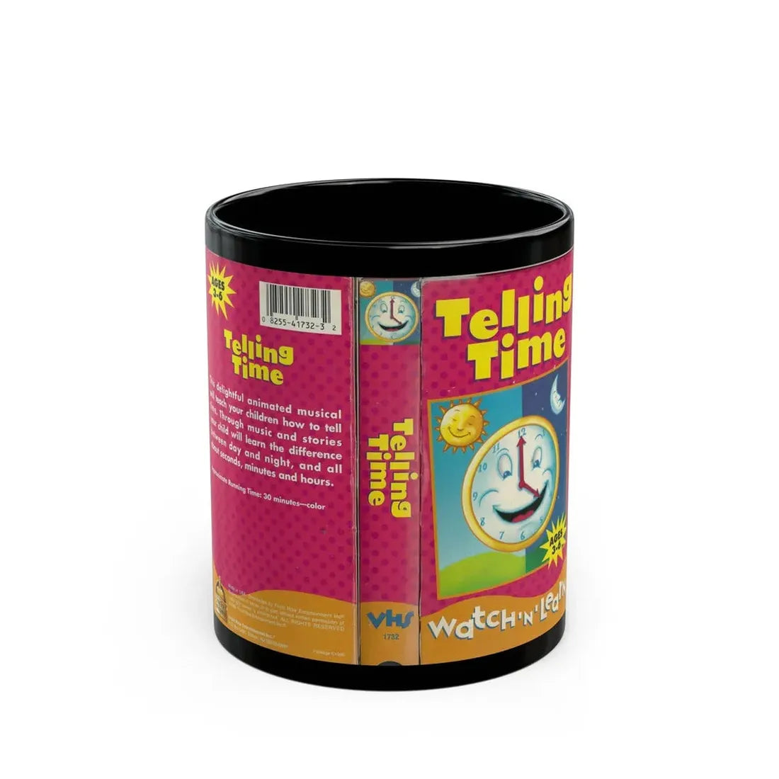 TELLING TIME WATCH N LEARN FRONT ROW ENTERTAINMENT (VHS COVER) - Black Coffee Mug 11oz - Go Mug Yourself