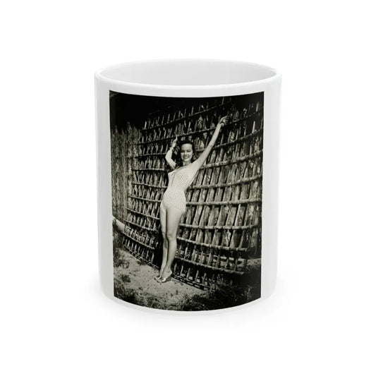 Terry Moore #112 - 1-Piece B&W Full Body Swimsuit Cheesecake Photo in Clad Heels (Vintage Female Icon) White Coffee Mug 11oz - Go Mug Yourself